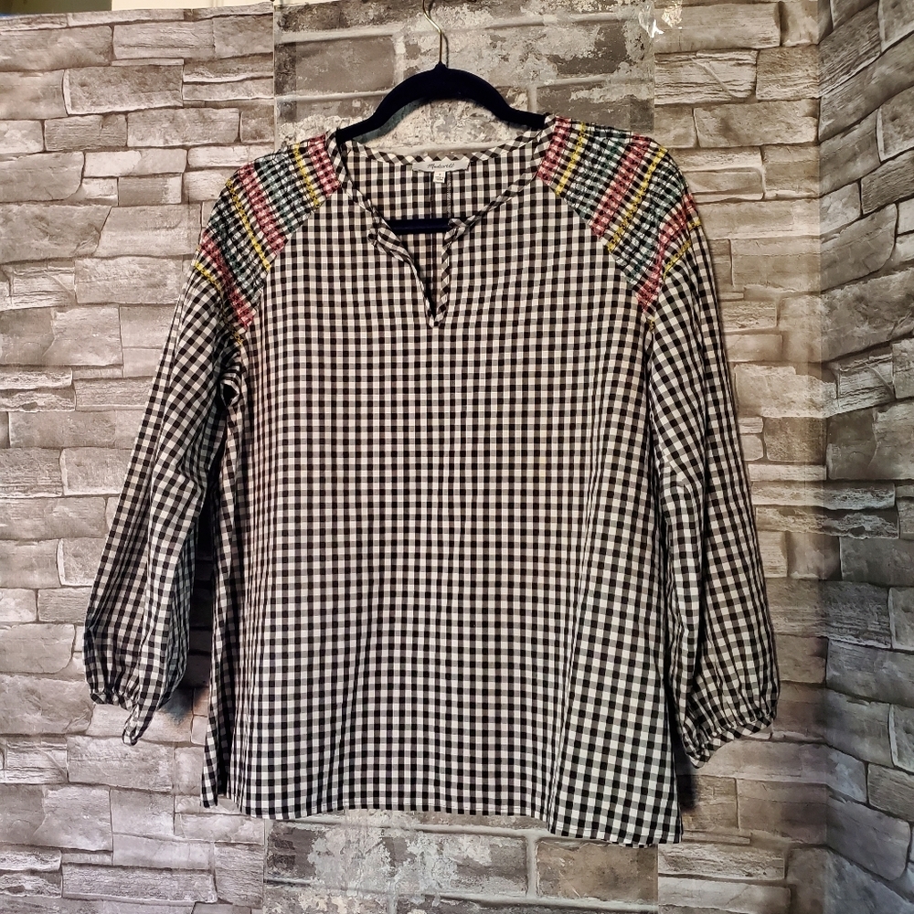 Madewell Black/White Smocked Gingham Embroidered Blouse Bohemian Puff Sleeves Sm